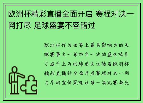 欧洲杯精彩直播全面开启 赛程对决一网打尽 足球盛宴不容错过