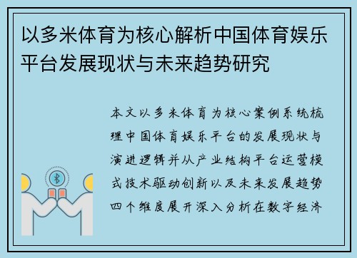 以多米体育为核心解析中国体育娱乐平台发展现状与未来趋势研究