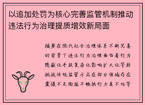 以追加处罚为核心完善监管机制推动违法行为治理提质增效新局面